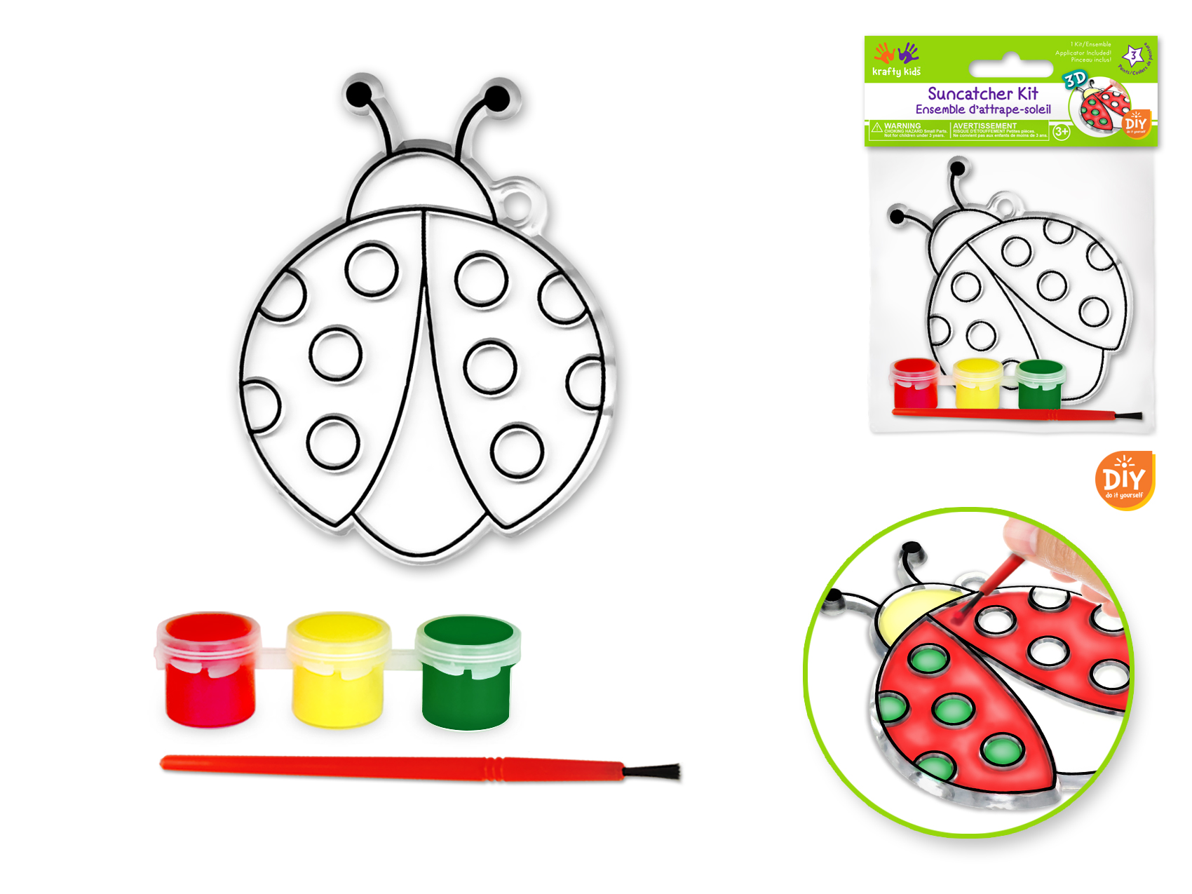 Krafty Kids Kit: DIY 3D Suncatcher w/3 Paints & Brush - Ladybug