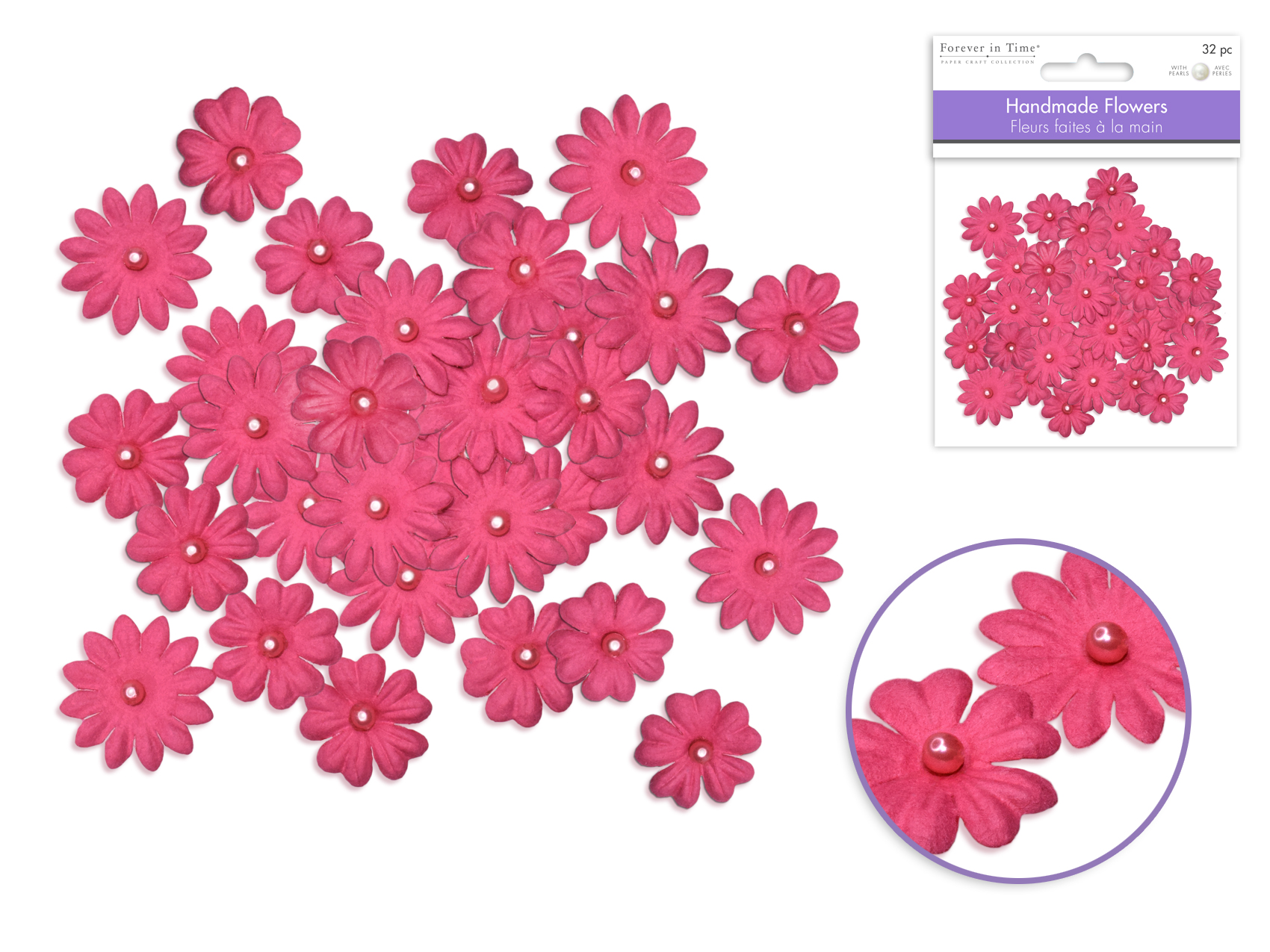 Forever in Time Handmade Paper Flowers 32pc w/Pearls - Fuschia