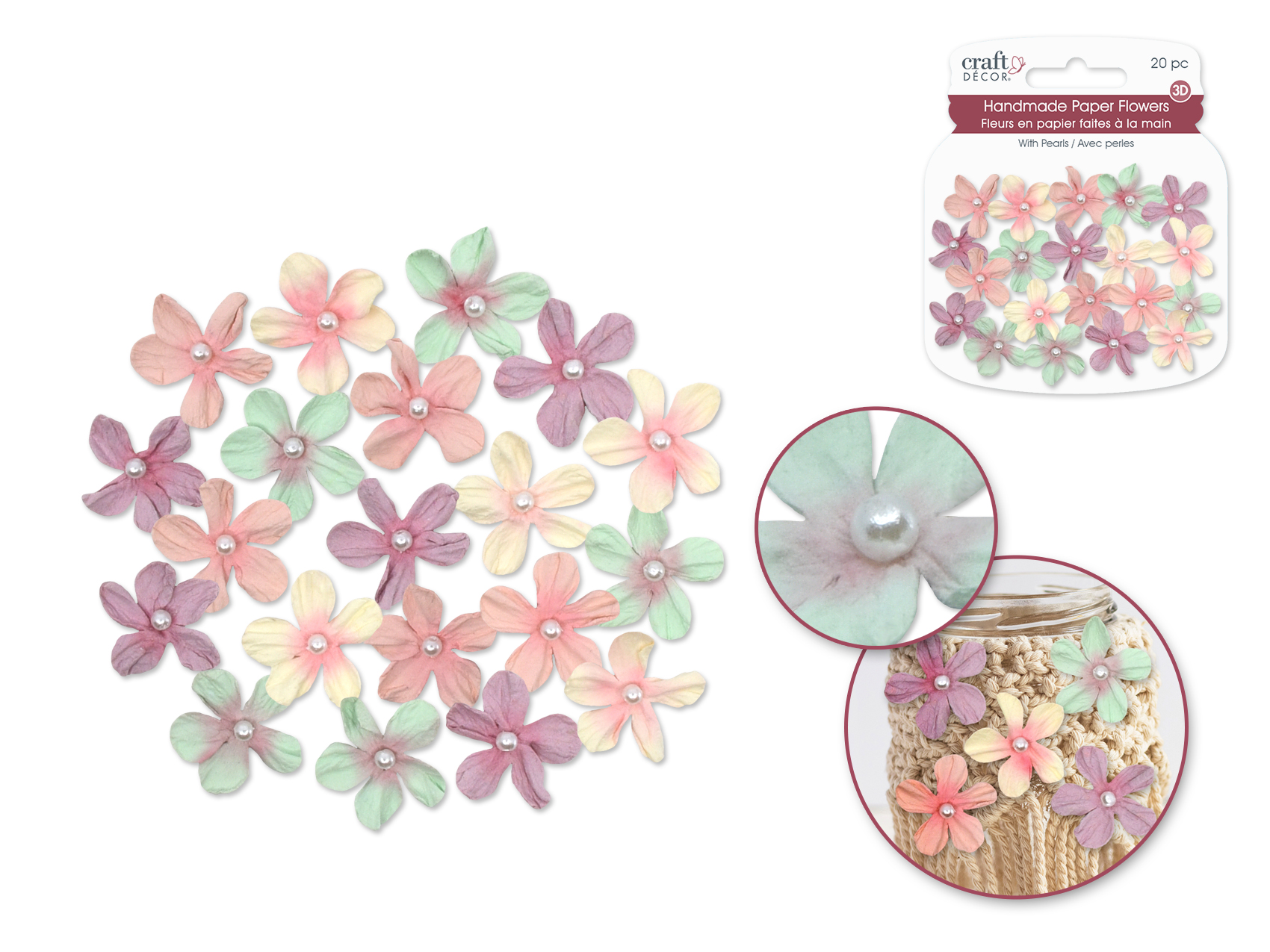 Craft Decor Handmade Paper Daisies 20pc w/Pearl 2cm - Pastel