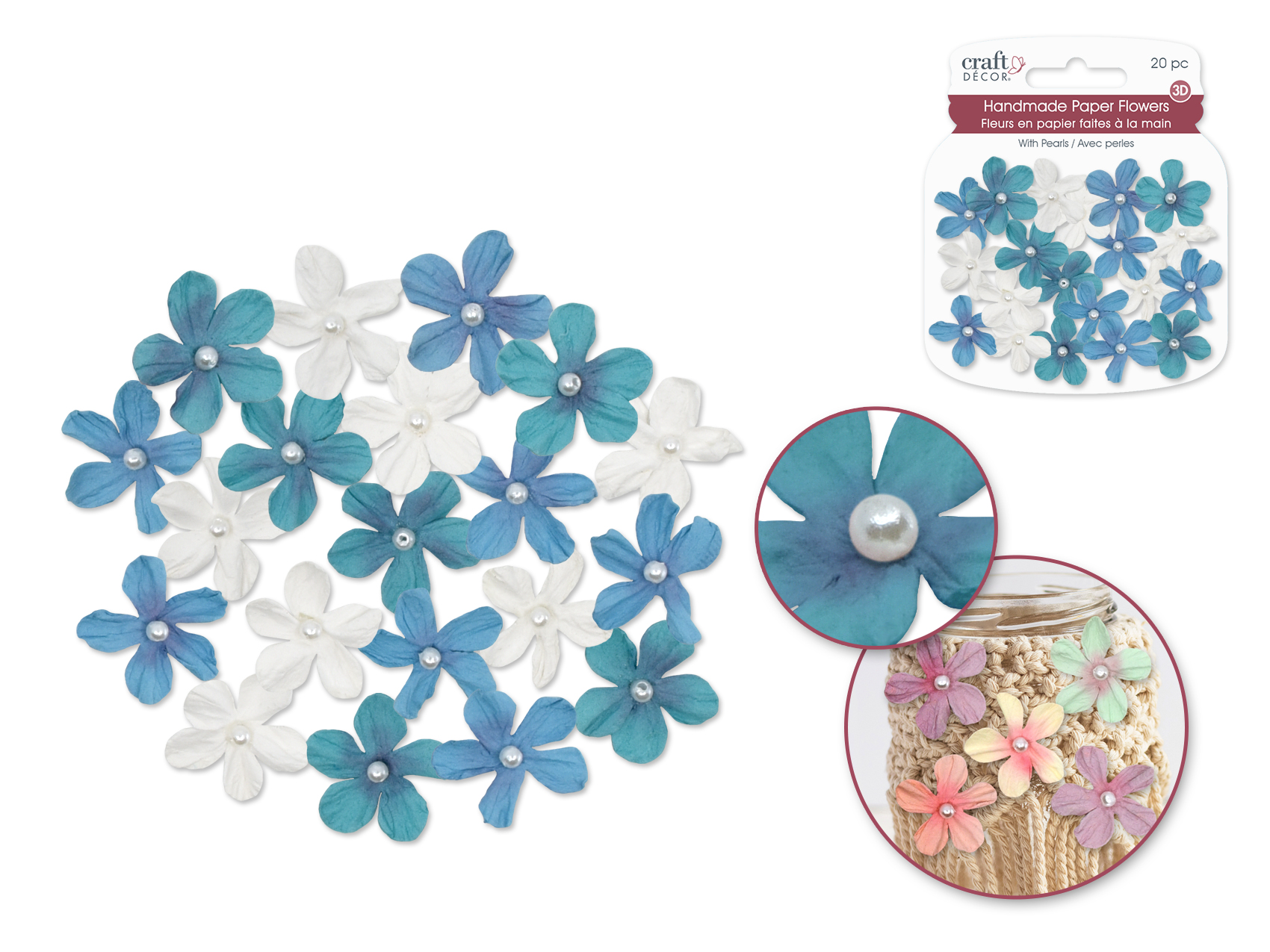 Craft Decor Handmade Paper Daisies 20pc w/Pearl 2cm - Sky