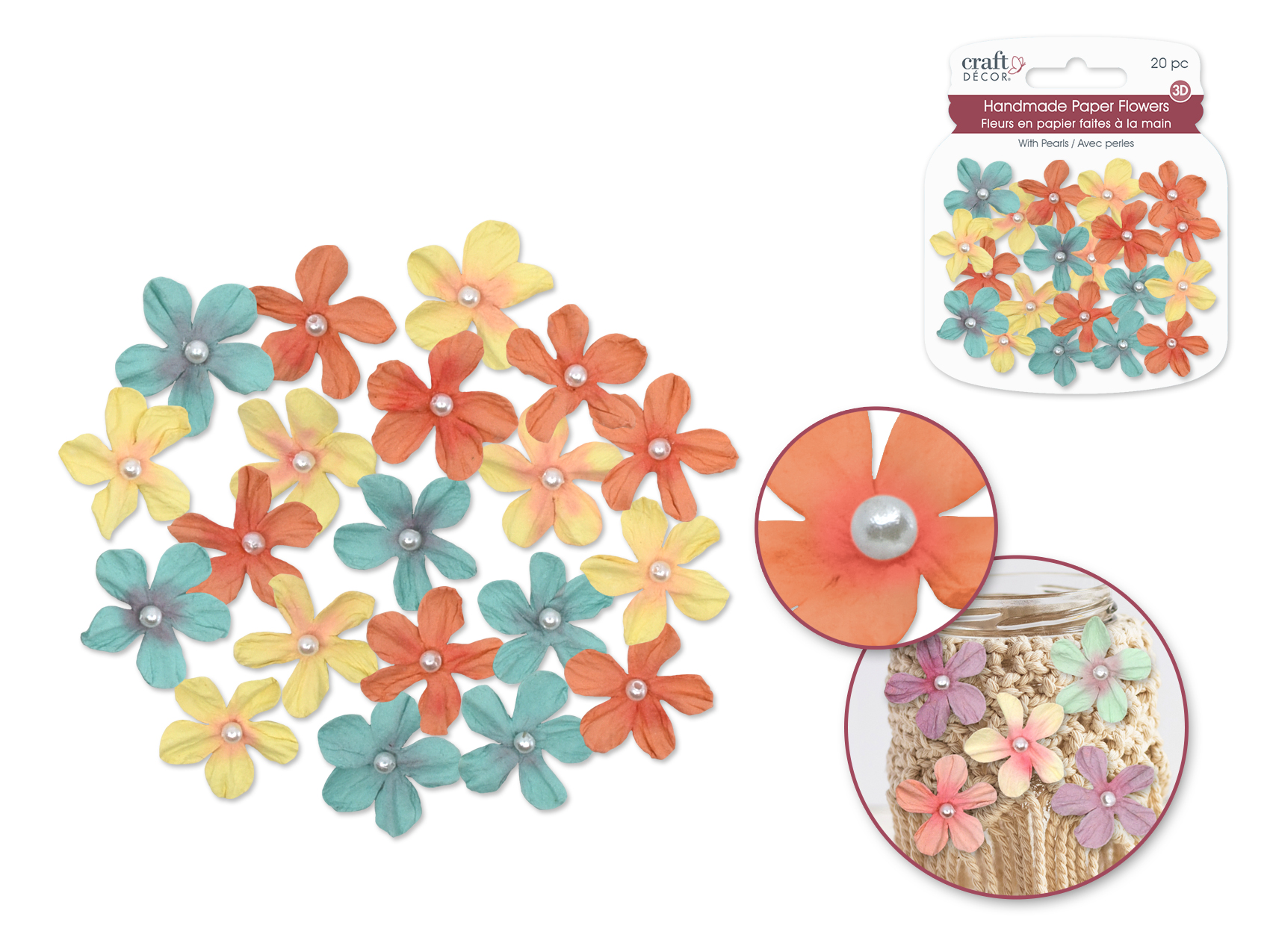 Craft Decor Handmade Paper Daisies 20pc w/Pearl 2cm - Paradise