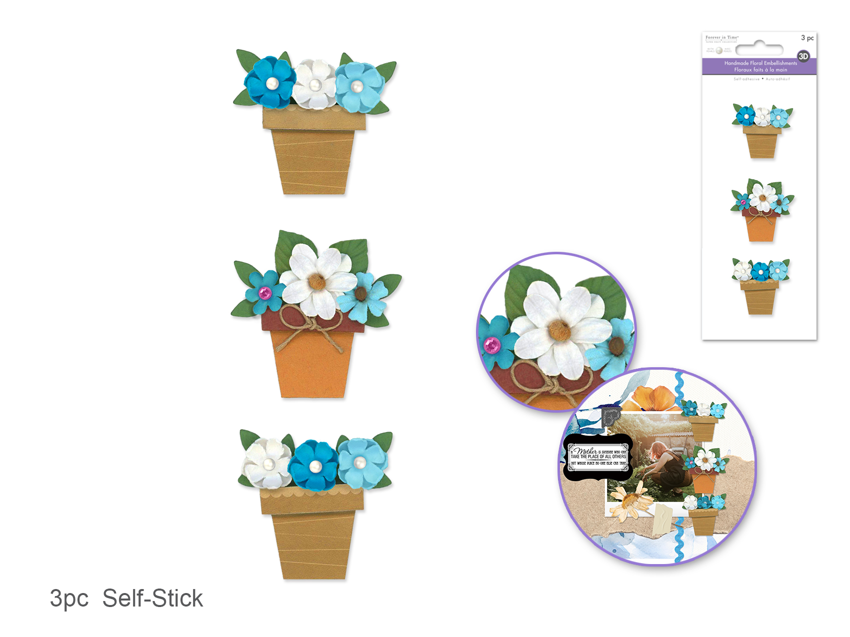 Forever in Time Handmade Floral Flower Pots w/pearls -Touch Blue