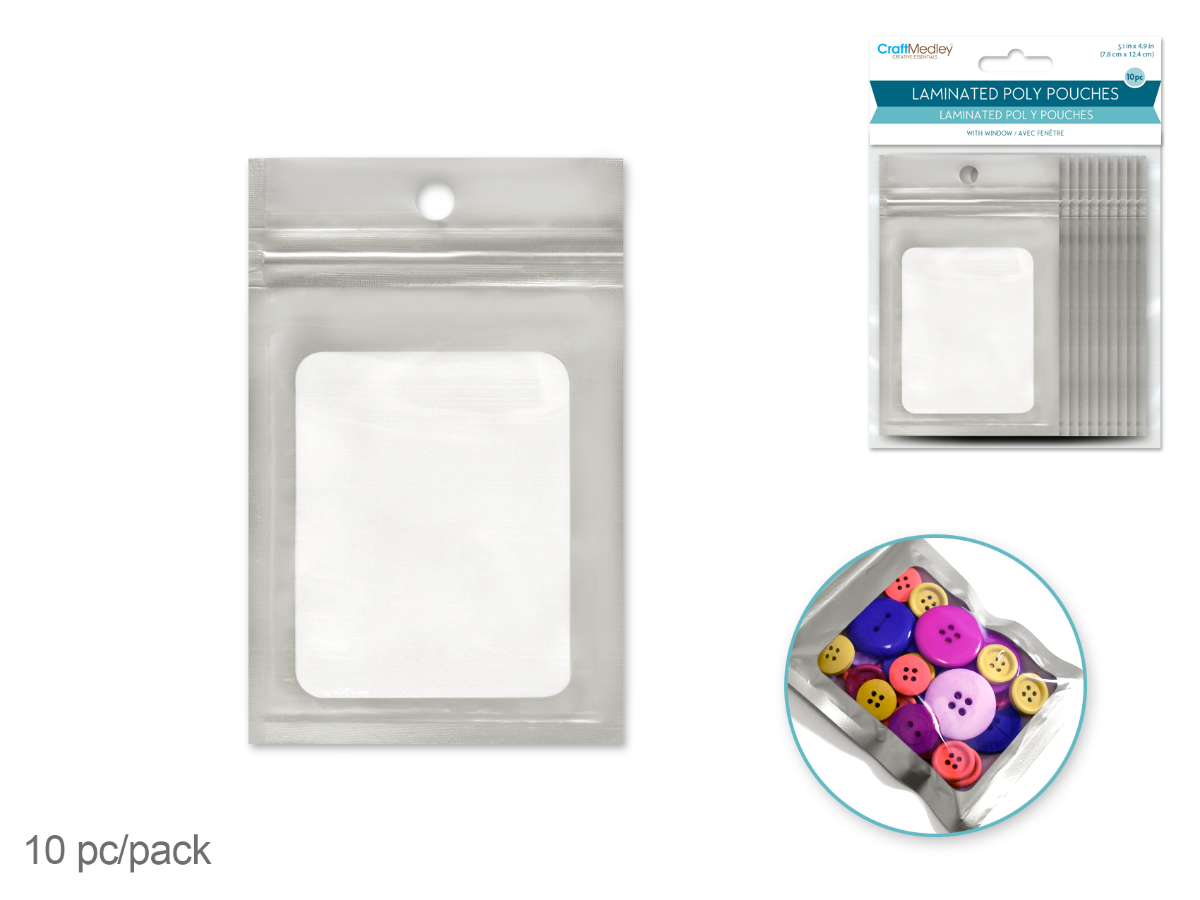 Craft Medley Zip-lock Laminated Poly Pouch 10pc w/Window - Silve