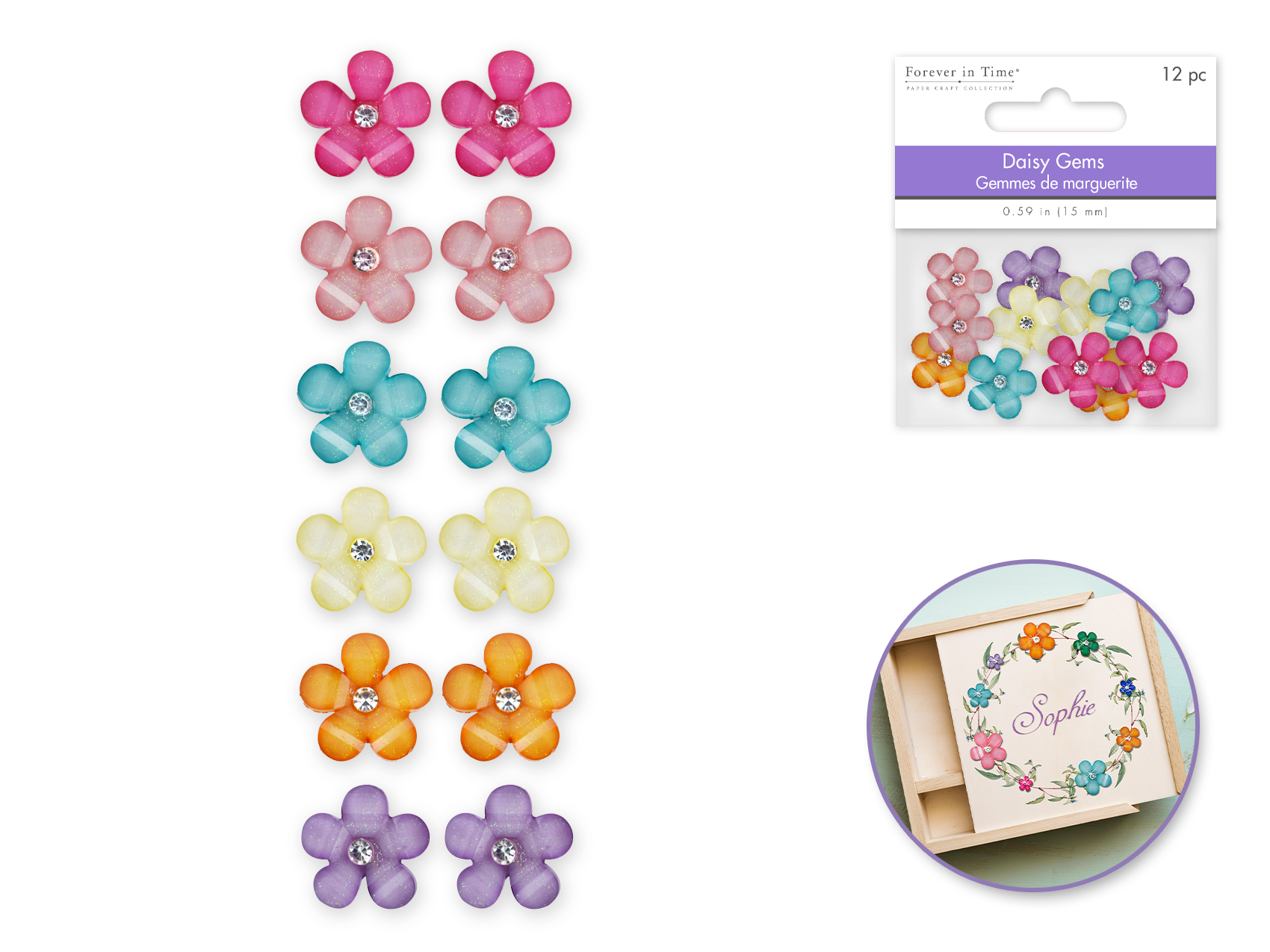 Forever in Time Glitter Daisy Gems 12pc 15mm w/Crystal Pastel