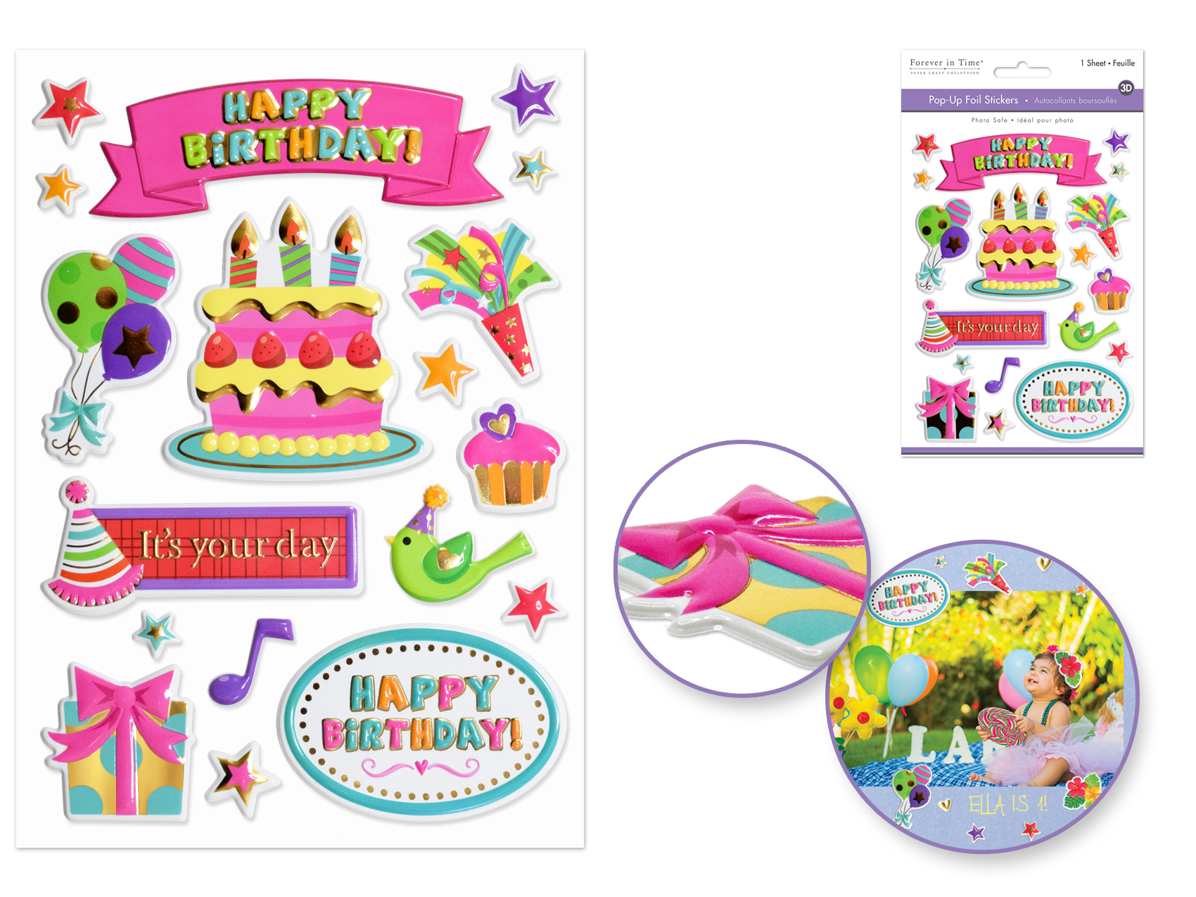 Forever In Time Pop-Up 3D Foil Stickers - Happy Birthday