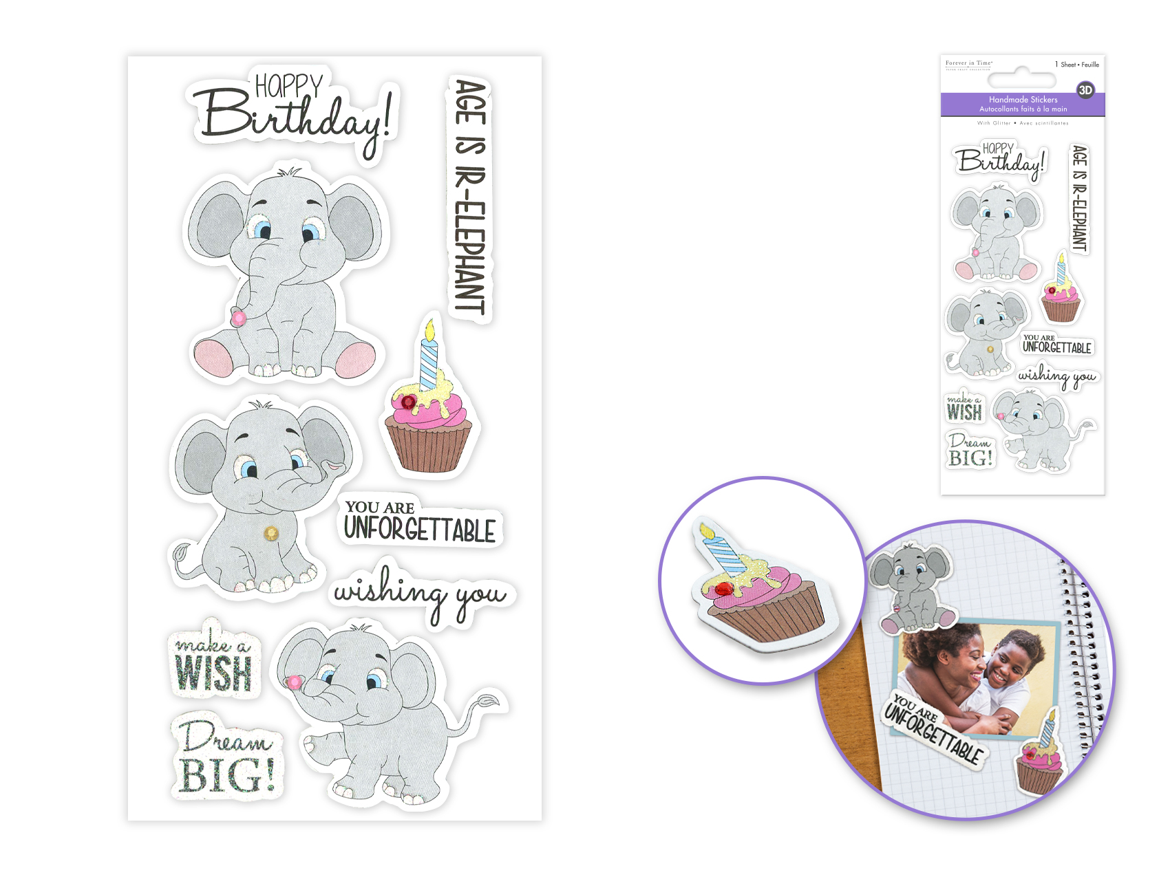 Forever In Time 3D Handmade Glitter Stickers - Elephant Baby