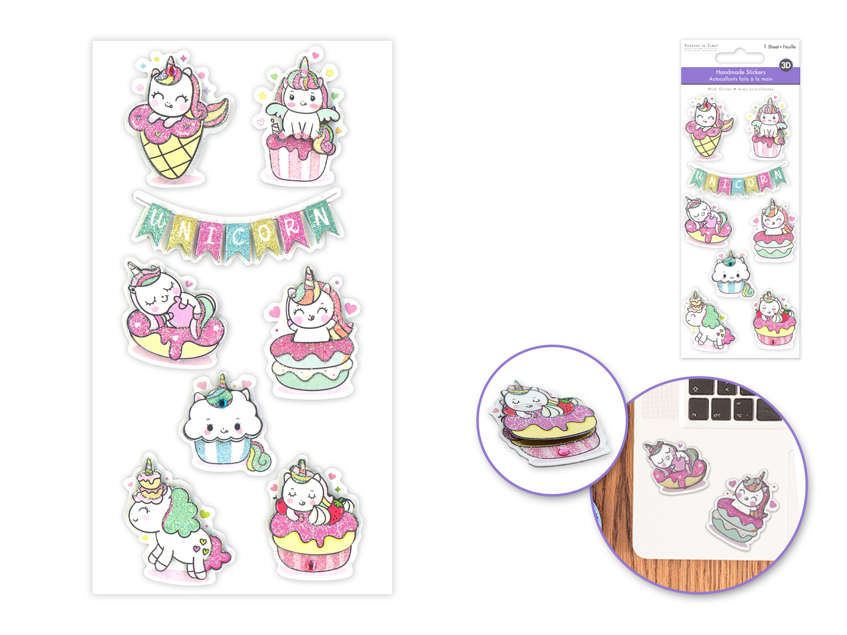 Forever In Time 3D Handmade Glitter Stickers - Unicorn Birthday
