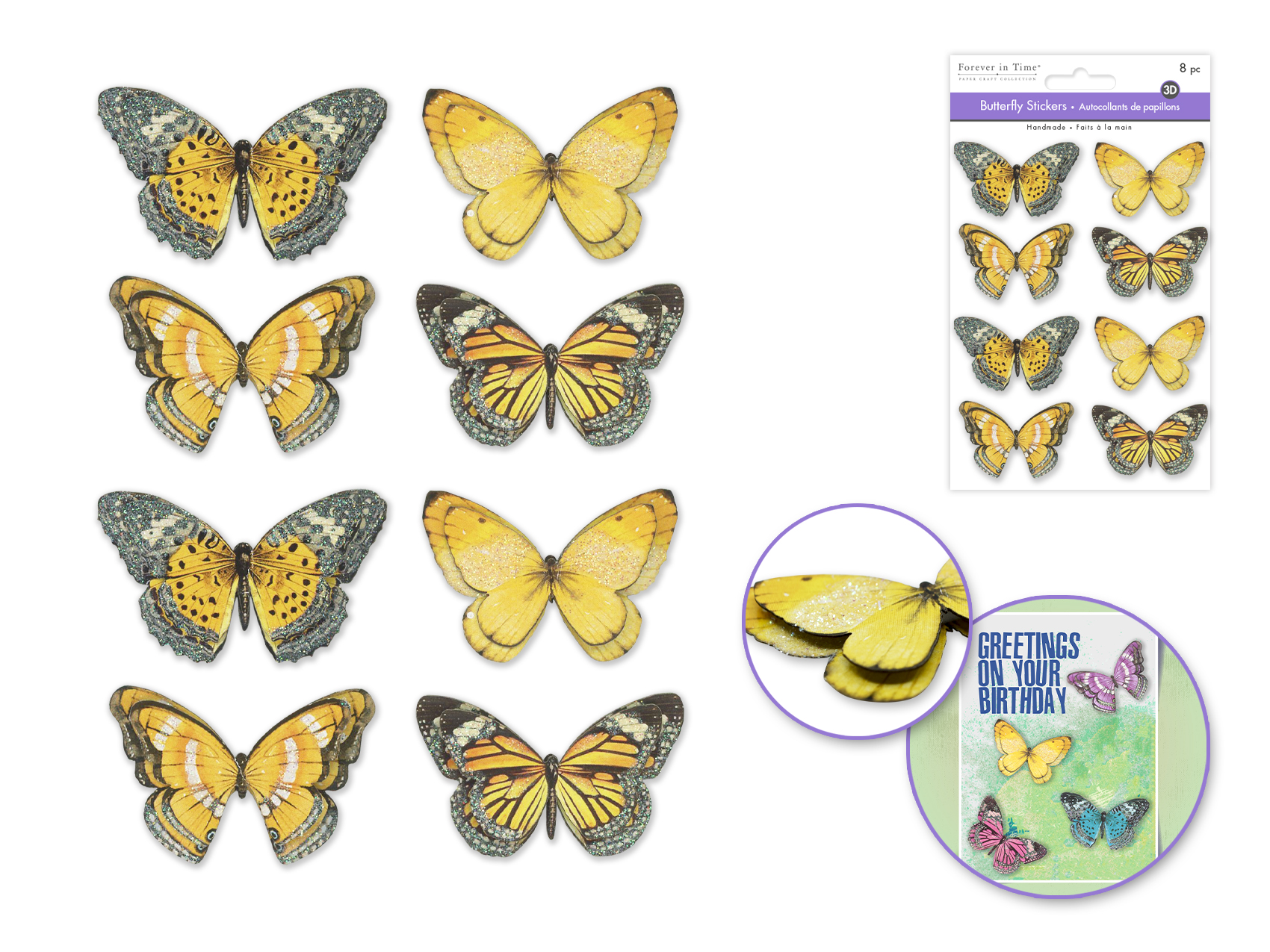 Forever In Time Handmade 3D Glitter Butterfly Stickers - Yellow