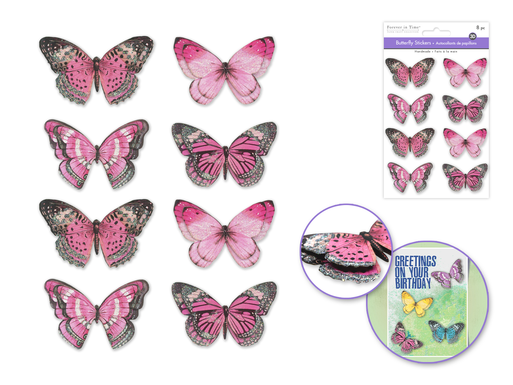 Forever In Time Handmade 3D Glitter Butterfly Stickers - Pink