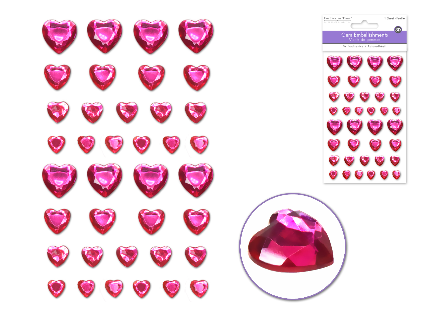 Forever In Time 3D Gem Stickers 38 pc asst - Pink Hearts