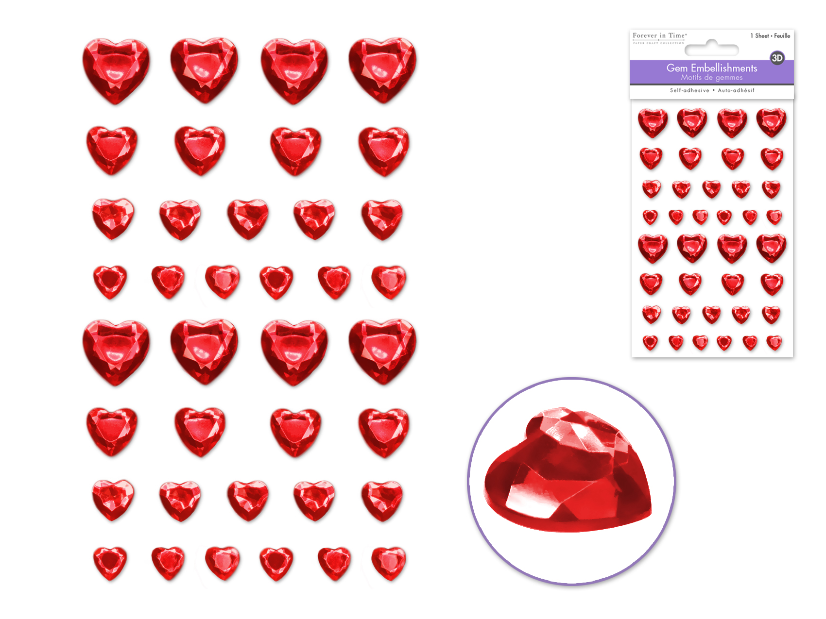 Forever In Time 3D Gem Stickers 38 pc asst - Red Hearts