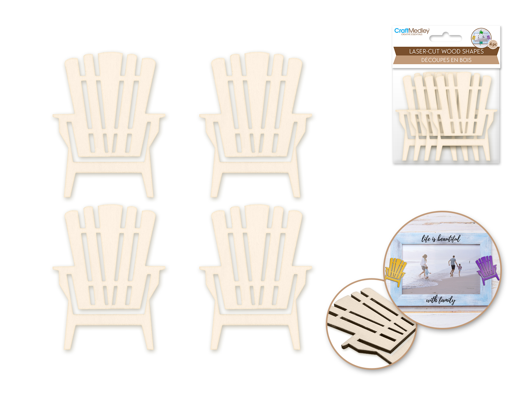 Craft Medley Laser Cut Wood Shapes 8cm 4pc - Adirondack Chair